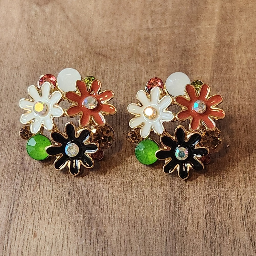 Floral Enamel Rhinestone Cluster Stud Earrings Gold Tone Multicolor Daisy Post‎